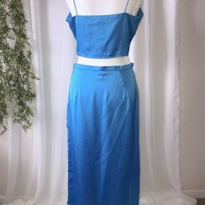 Blue satin two piece top and skirt set